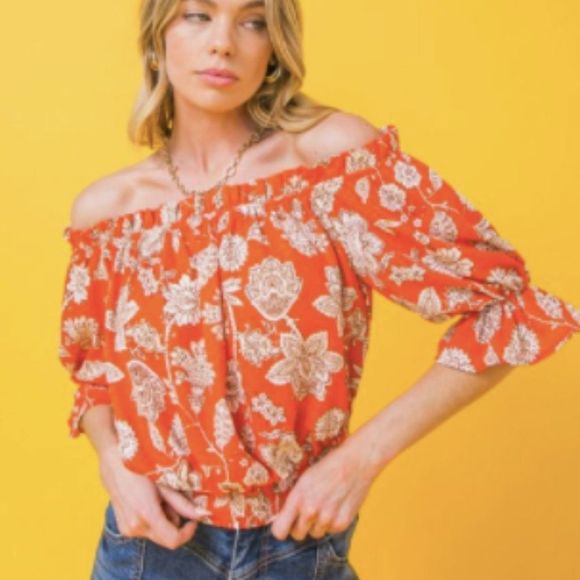 Burnt Orange printed woven off shoulder top - Picture 1 of 3